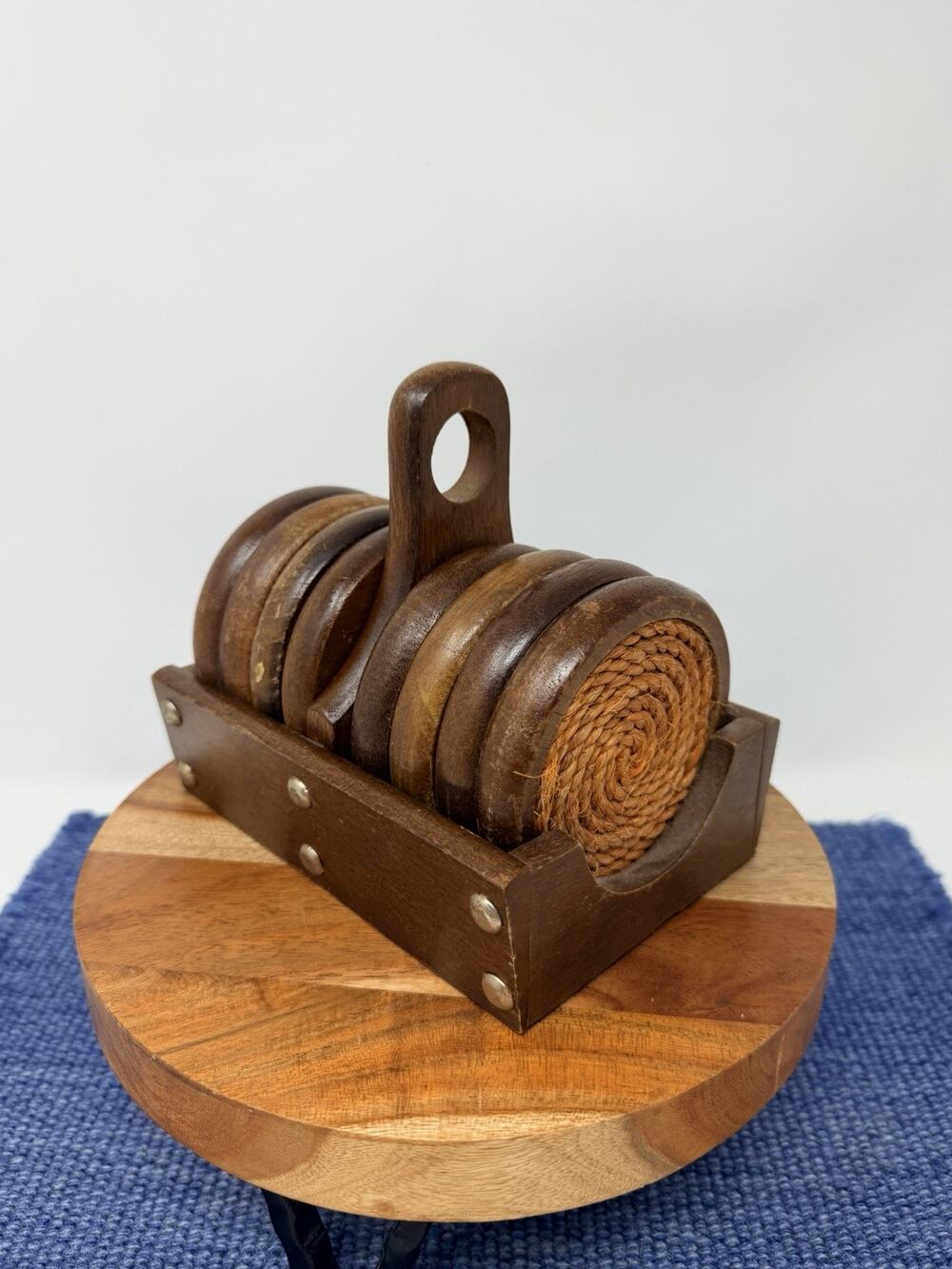 Vintage Wood Rope Coasters Set Of 8 MCM Prop 70s